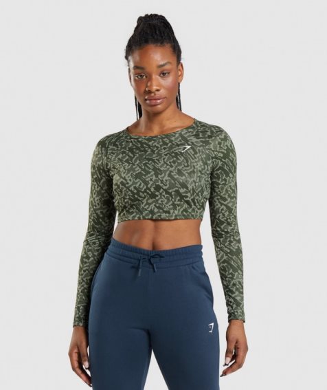 Women's Gymshark Training Long Sleeve Cropped Tops Green | CA 71AD30